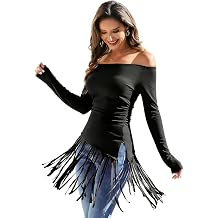 Tassel Shirts for Women Off The Shoulder Long Sleeve Western Cowgirl Stretchy Fringe Tops Country Concert Outfits