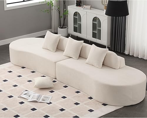 Sofá modular curvo de 130 pulgadas, tela de felpa, moderno sofá minimalista de 4 plazas sin hueso con 3 almohadas, cómodo sofá redondo tapizado para