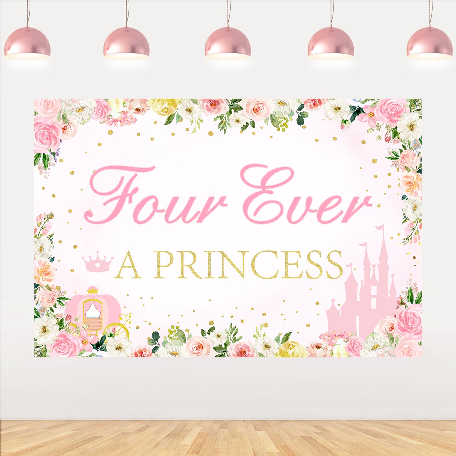 kreat4joy Four Ever a Princess Birthday Decorations Backdrop 5 * 3ft, Princess 4th Birthday Party Decorations Backdrop Banner for 4 Year Old Girl