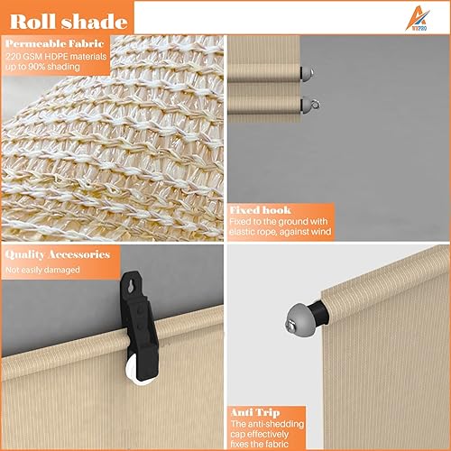 Miniatura 2 de Persianas enrollables para exteriores, 8 pies de ancho x 6 pies de alto, para patio, pérgola, balcón, porche, ventana de terraza (beige)