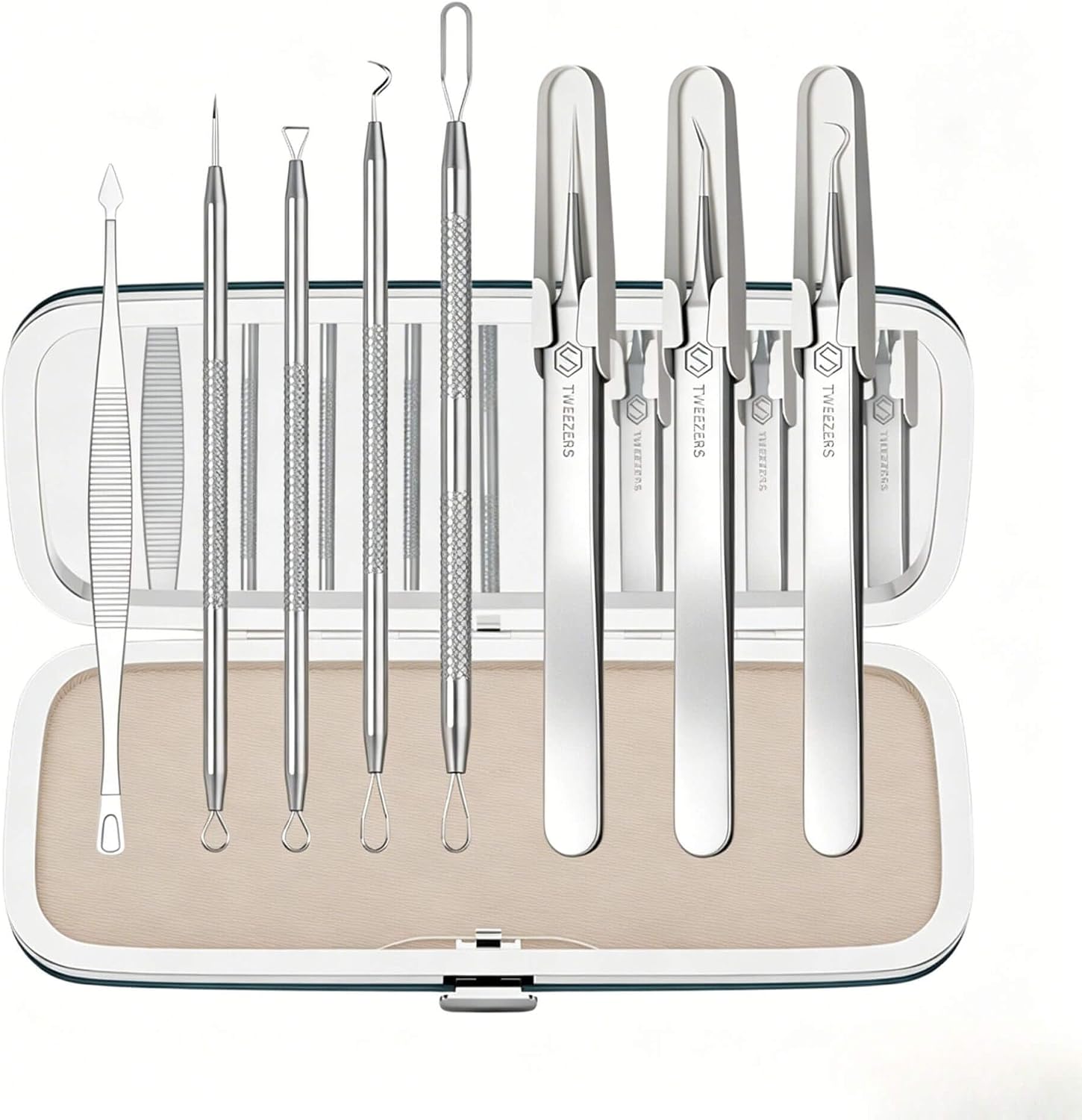 Premium Blackhead Remover Tool Kit,Stainless Steel Pore Care Tools for Nose & Face,Daily Skincare Tool Set with Built-in Mirror Case and Non-Slip Grip(Silver)