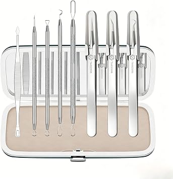 Premium Blackhead Remover Tool Kit,Stainless Steel Pore Care Tools for Nose & Face,Daily Skincare Tool Set with Built-in Mirror Case and Non-Slip GripSilver