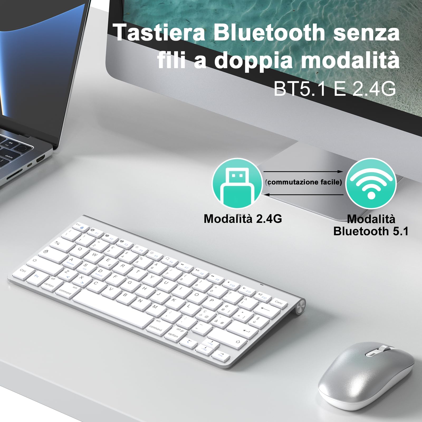 PINKCAT Tastiera wireless, Tastiera Bluetooth &2.4G Layout Italiano QWERTY con tasti multimediali, adatta per PC, laptop, Mac OS, Macbook pro/air, Windows (Argento)