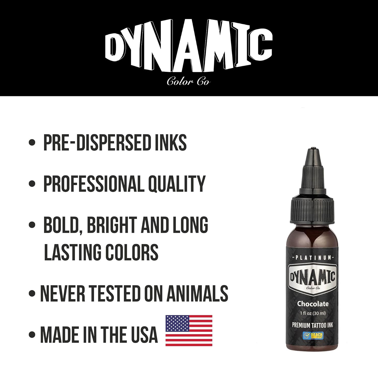 Dynamic Color Platinum Chocolate Tattoo Ink, Made in Spain, 1 oz | Sterilized, lot-numbered, and REACH compliant; vegan and never tested on animals; trusted by artists worldwide