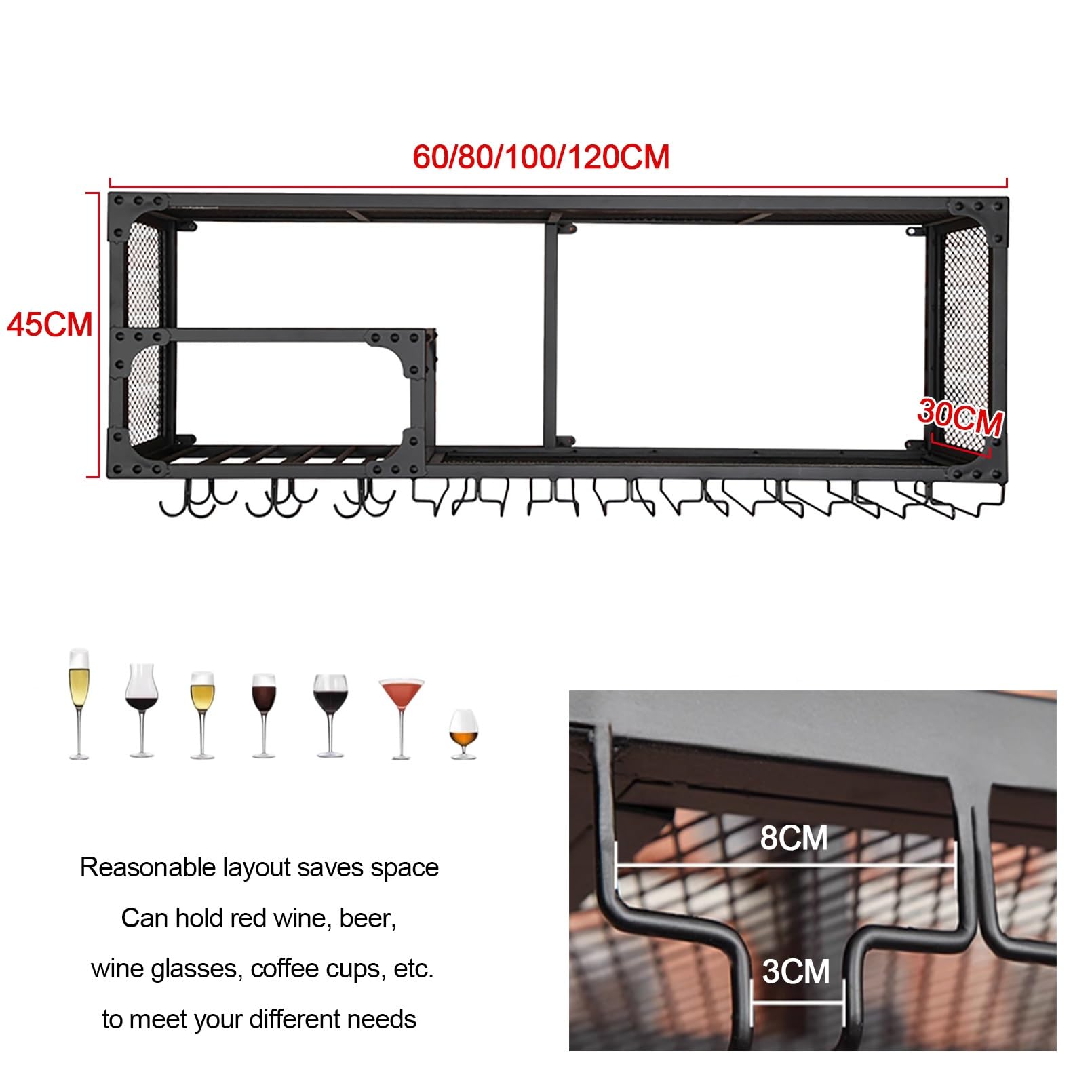 Botellero De Hierro Industrial,Enfriador De Vino Montado En La Pared,Botellero De Almacenamiento Multifuncional,soporte Para Botellas De Metal,Estante De Exhibición,Soporte Para Copas De Vino ( Size :
