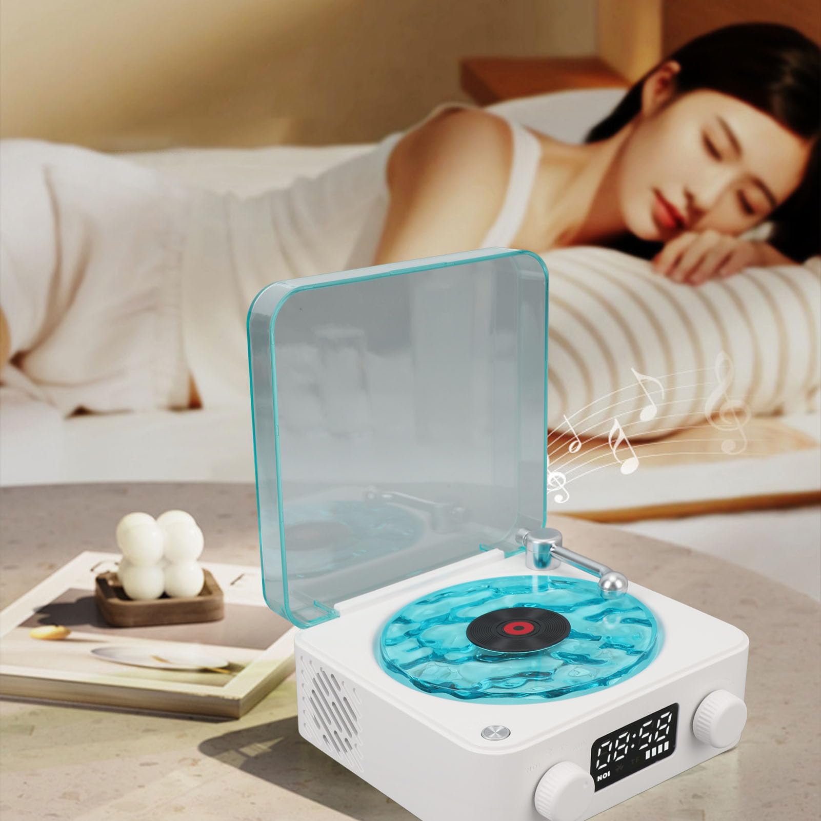 Głośnik Bluetooth w Stylu Vintage Gramofon, Głośnik Bluetooth w Stylu Retro z lampką nocną i Zegarem i Radiem, Krystalicznie Czysty Głośnik Stereo do Sypialni, Imprezy, Biurka