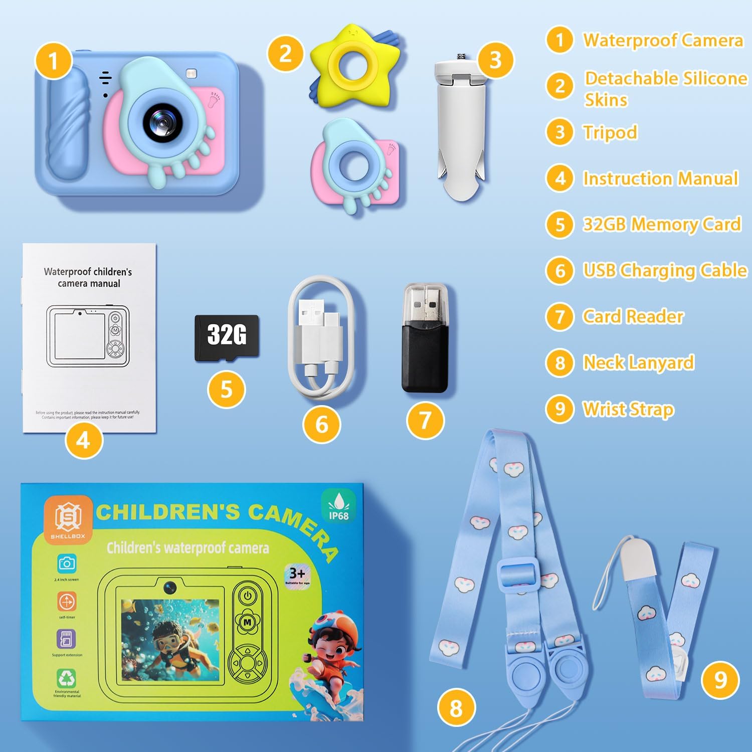 Underwater Camera for Kids - IP68 Waterproof Camera, 48MP Dual Lens, 1080P Video Recording, Toddler Camera for Pool & Beach, Ideal Christmas Birthday Gifts for Boys Girls Age 3-12 (Sky Blue)