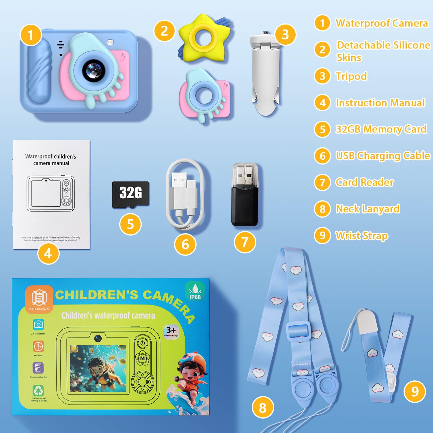 Caméra sous-marine étanche pour enfants, appareil photo numérique HD pour tout-petits avec enregistrement vidéo 1080p, cadeau d'anniversaire idéal pour garçons et filles de 3 à 12 ans avec carte de 32