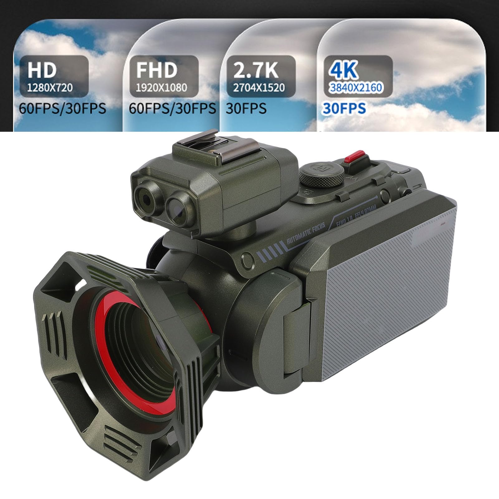 Videocamera per Videocamera, Fotocamera Ultra HD 4K 53MP 50x Digital Zoom Vlogging, Focus Auto Focus, Rotazione da 3 Pollici a 270 Gradi, Scarpa Calda, Supporto Fino a 512 GB (GREEN)