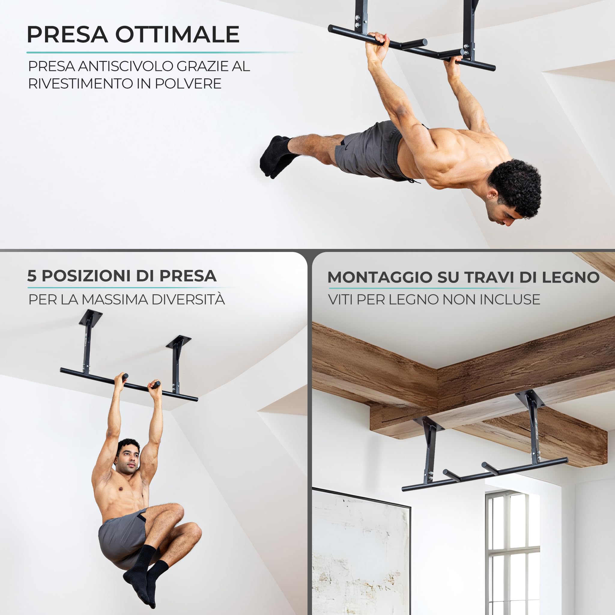 PULLUP & DIP Barra per trazioni da soffitto, portata 180 kg, impugnature antiscivolo a 5 prese per esercizi e pull-up, ideale per palestra domestica