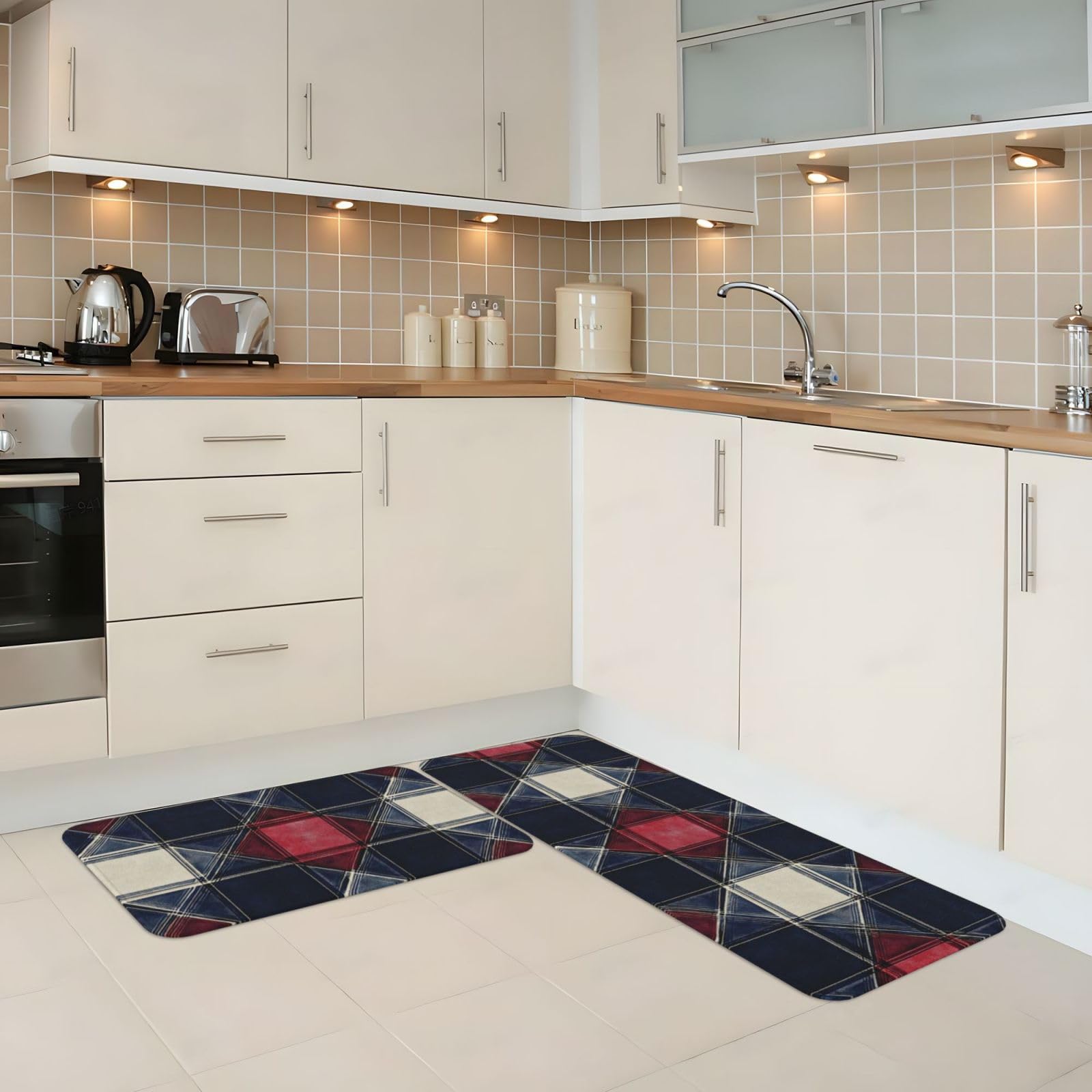 GVYGVY Antifatigue Kitchen Mats for Floor 2 Piece - Classic Red and Blue Plaid Print Kitchen Rugs Washable, Non Slip Runner Rug Standing Mat for Office/Bathroom/Laundry/Home Decor and Accessories