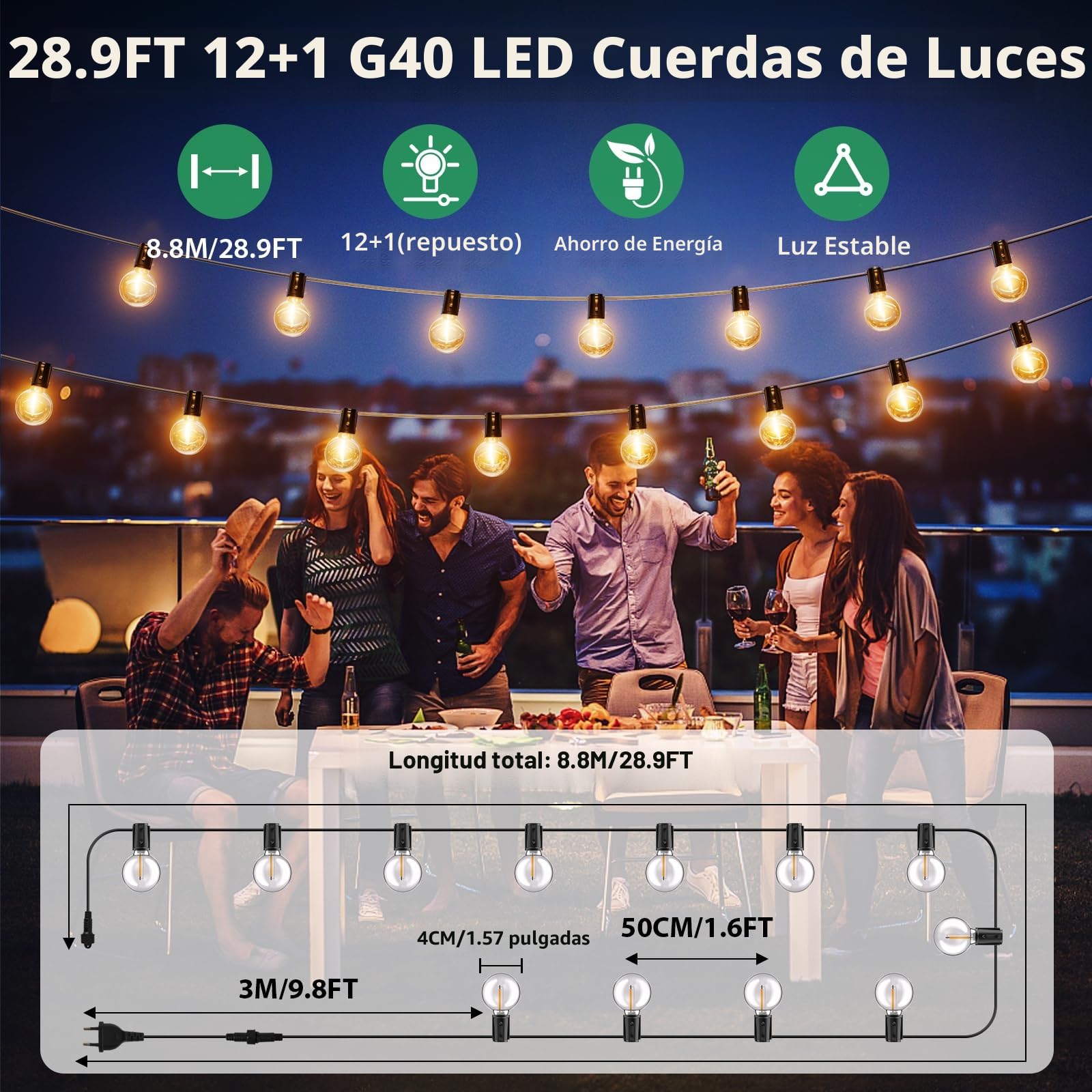 FIFlying Cadena de luces para exteriores, 8.8 m, luces para exteriores alimentadas con 12+1 bombillas inastillables, IP54 impermeable, luces de jardín para jardín, patio, fiesta de boda