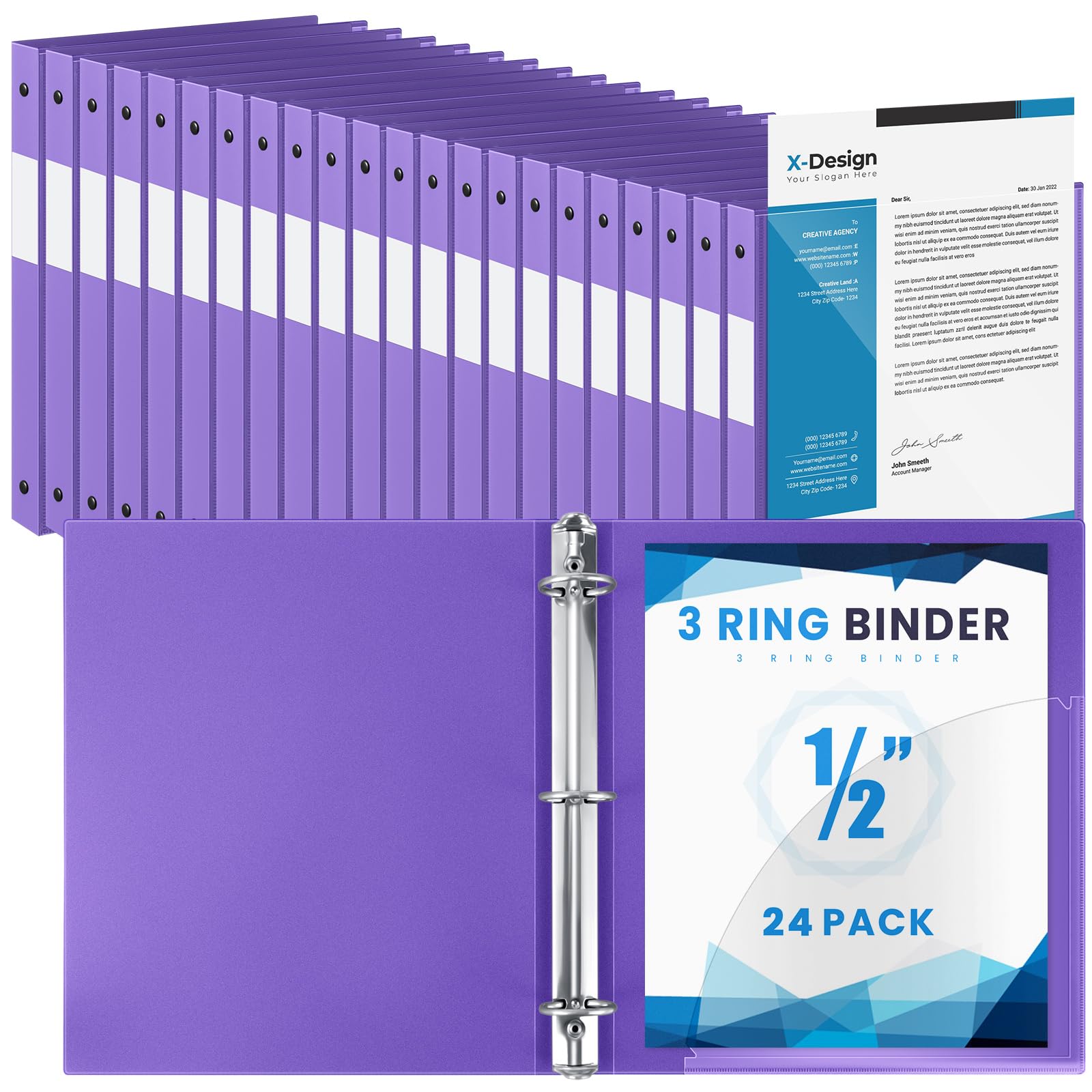Henoyso 24 Pack 1/2 Inch 3 Ring Binder with Clear Cover Fit Letter Size 8.5" x 11" Paper Holds 140 Sheets, Bulk Binders for Organizing School, Office &amp; Classroom Documents, 1 Pocket (Purple)