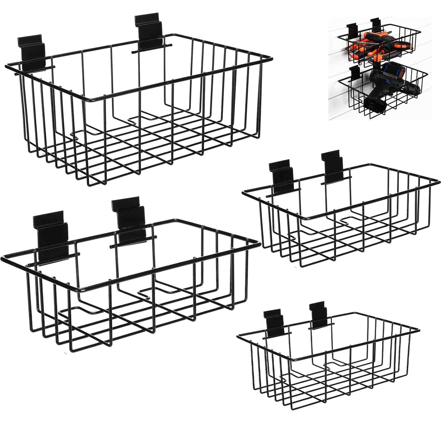 Sliner 4 Pcs Slatwall Basket Set Multiple Sizes Wire Metal