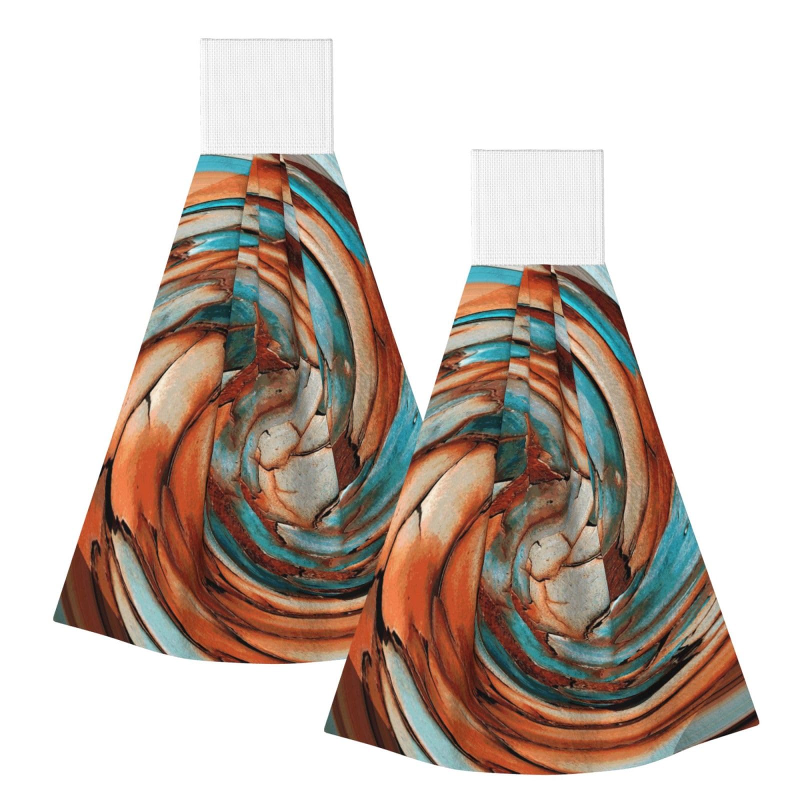 DOPKLNA Rust Blue Abstract Art, 2 Pcs Hanging Coral Fiber Hand Towels for Bathroom, Absorbent Kitchen Towels