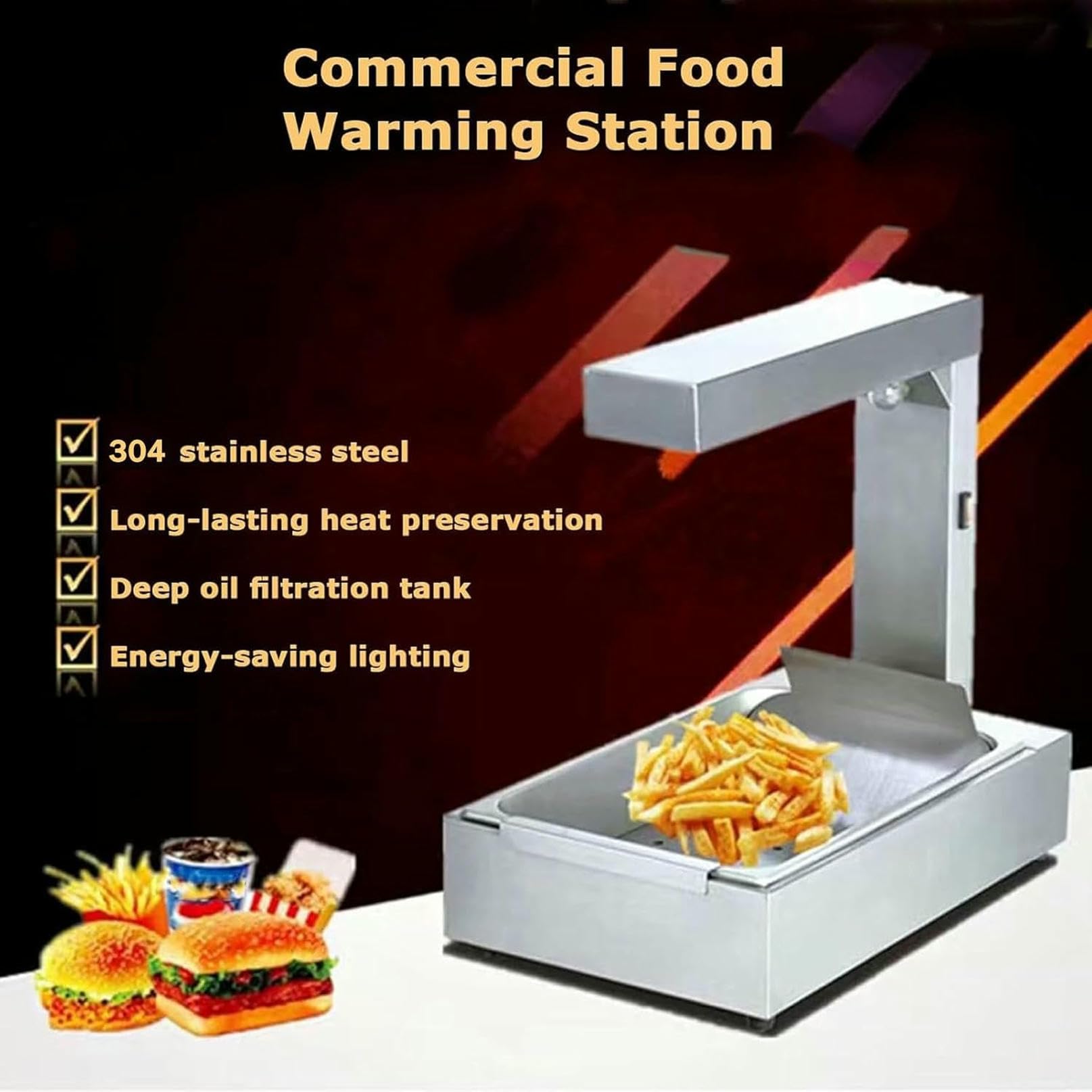Kommerzieller Lebensmittelwärmelampe, Edelstahl-Heizschrank für Snack-Bars und Fast-Food-Restaurants, perfekt für die Bewahrung von Pommes Fries heiß