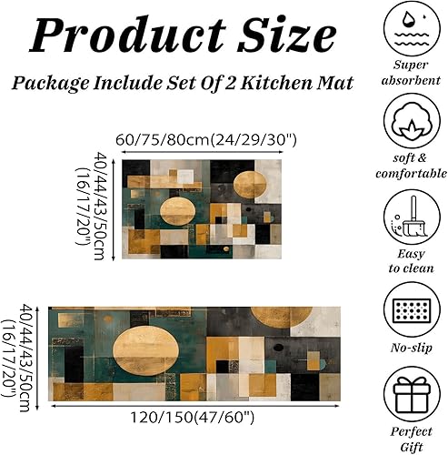 Miniatura 2 de Kitchen Mat Set of 2 Pcs, Abstract Geometric Non Slip Rugs for Kitchen Floor, Retro Oil Painting Absorbent Runner Comfort Standing Mats Washable for