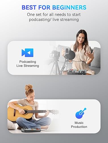 Miniatura 8 de SINWE Paquete de equipo de podcast, interfaz de audio con micrófono de condensador de estudio para teléfono inteligente y PC, tarjeta de sonido en