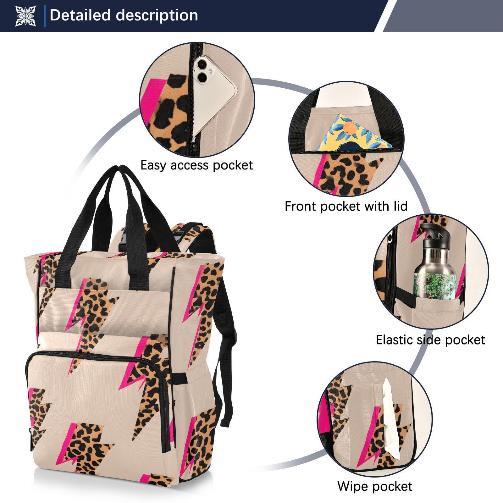 Sac à dos à langer multifonction avec poches isothermes, motif léopard éclair, Motif imprimé léopard éclair, taille unique