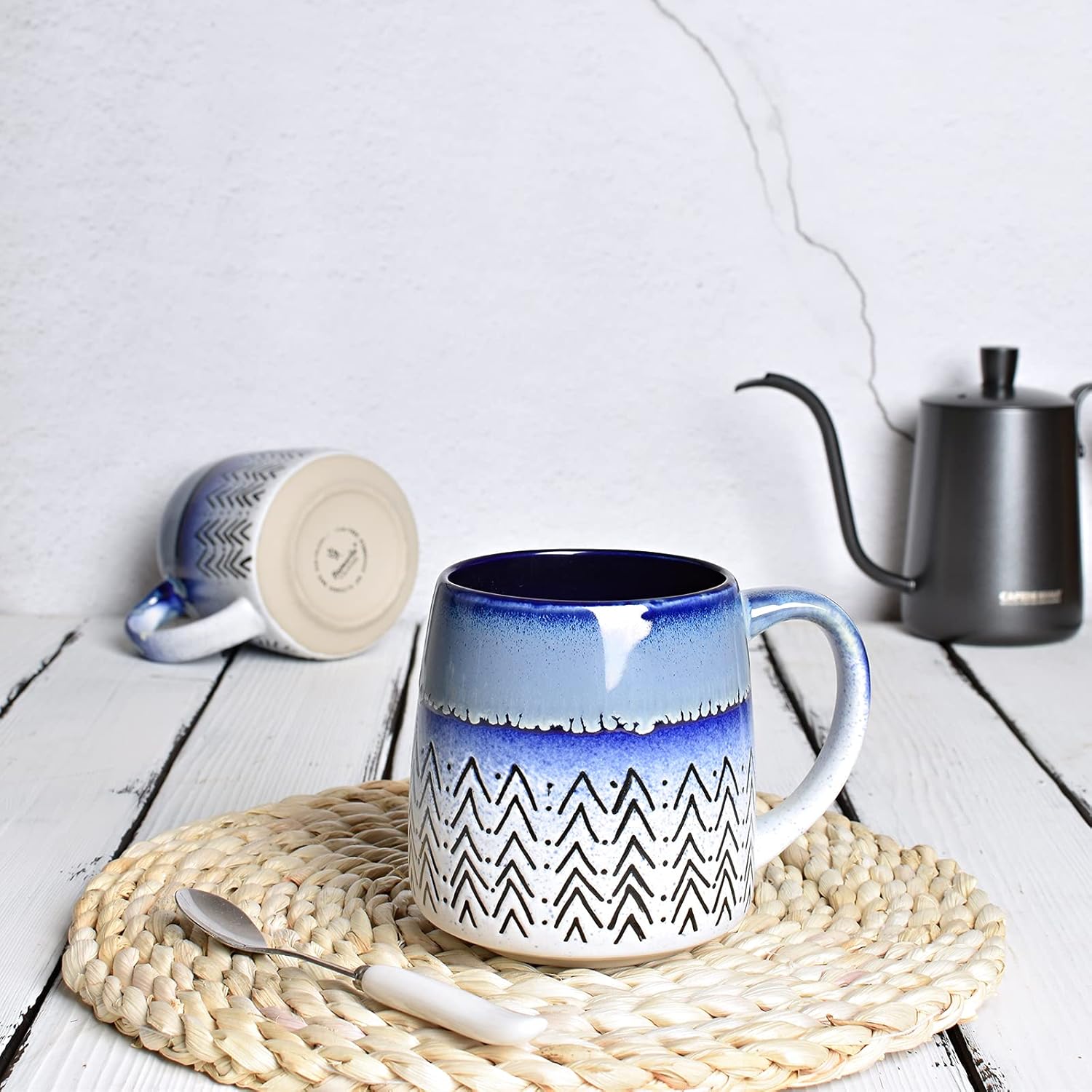 Bosmarlin Large Ceramic Coffee Mug Set of 2, 16 Oz, Blue Big Stoneware Tea Cup for Office and Home, Dishwasher and Microwave Safe (Blue, 2) - Image 4