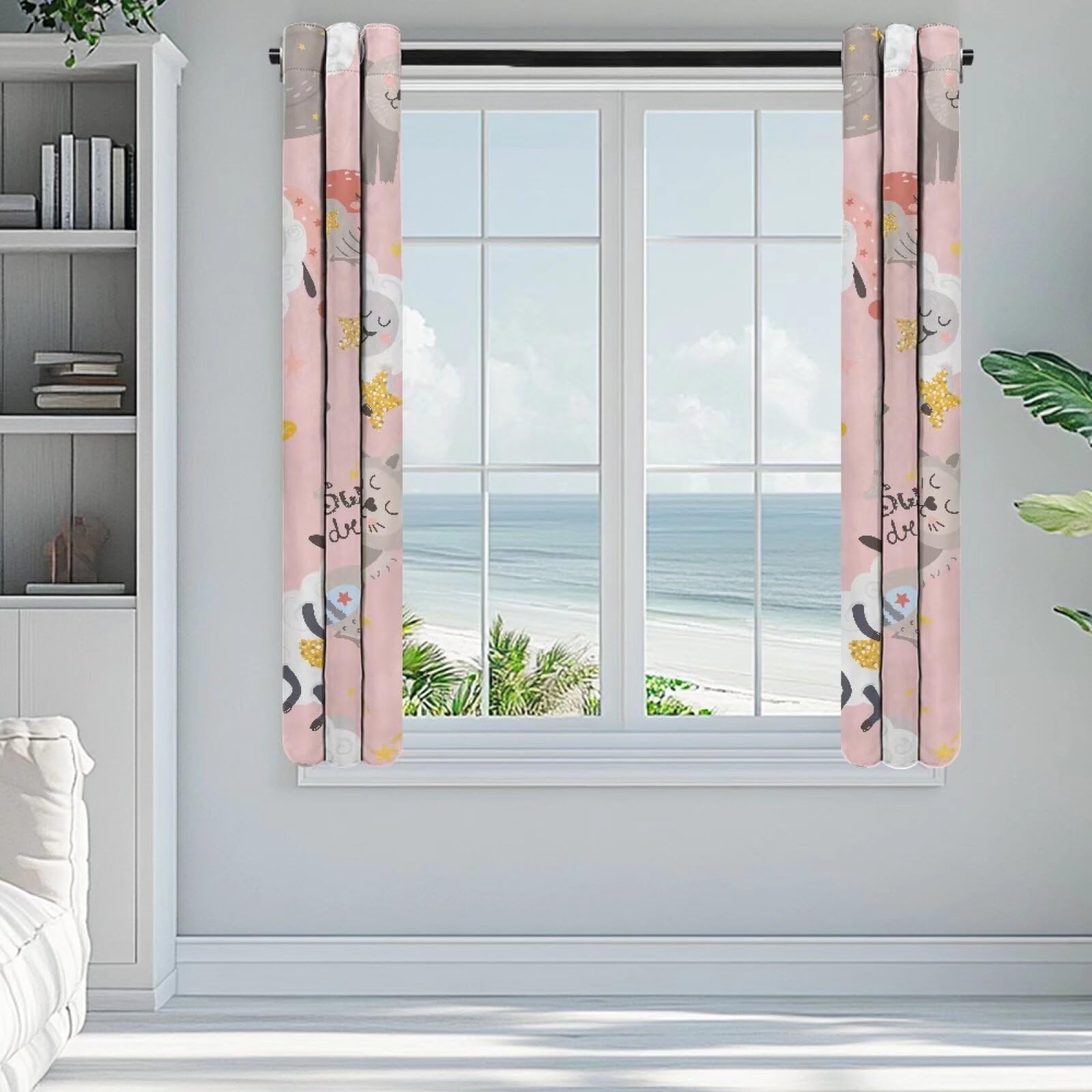 PJHEQOXE Cute Pink Curtains Blackout 55 Inch Length - Noise Reducing Curtains for Nursery Thermal Insulated Room Darkening Curtain Panel Pair with Grommet Top,Cartoon Cat Sheep Stars