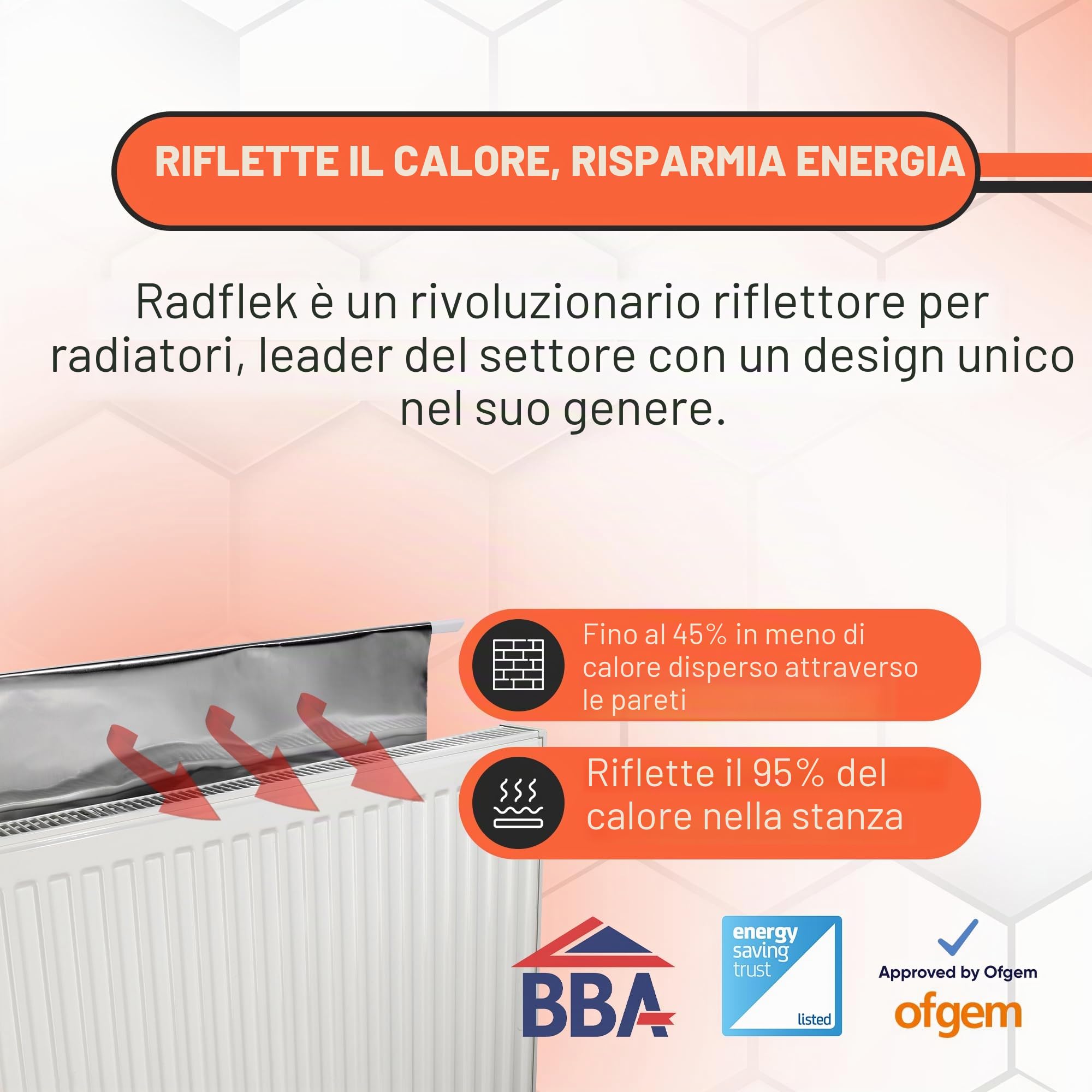 Radflek - Pannelli termoriflettenti per termosifoni, con strisce adesive termoriflettenti Radstik, confezione da 5 pannelli e 4 strisce Radstik, per isolare fino a 10 termosifoni