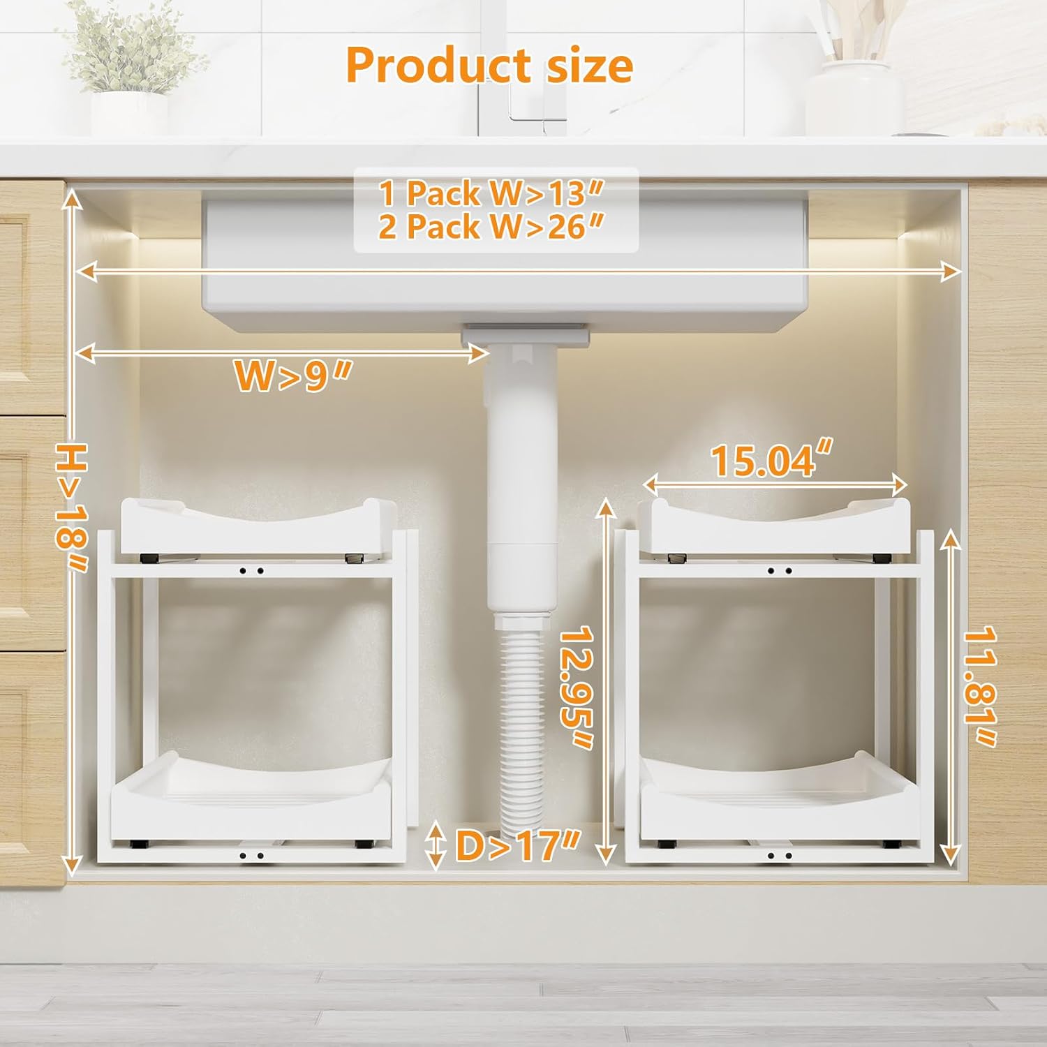 Bamboo Under Sink Organizer Adjustable Height 2 Tier Bathroom Organizer Pull Out Cabinet Storage Kitchen Heave Duty Wood Slide Ou Shelf for Kitchen Bathroom (White, 2 Packs) - Image 2
