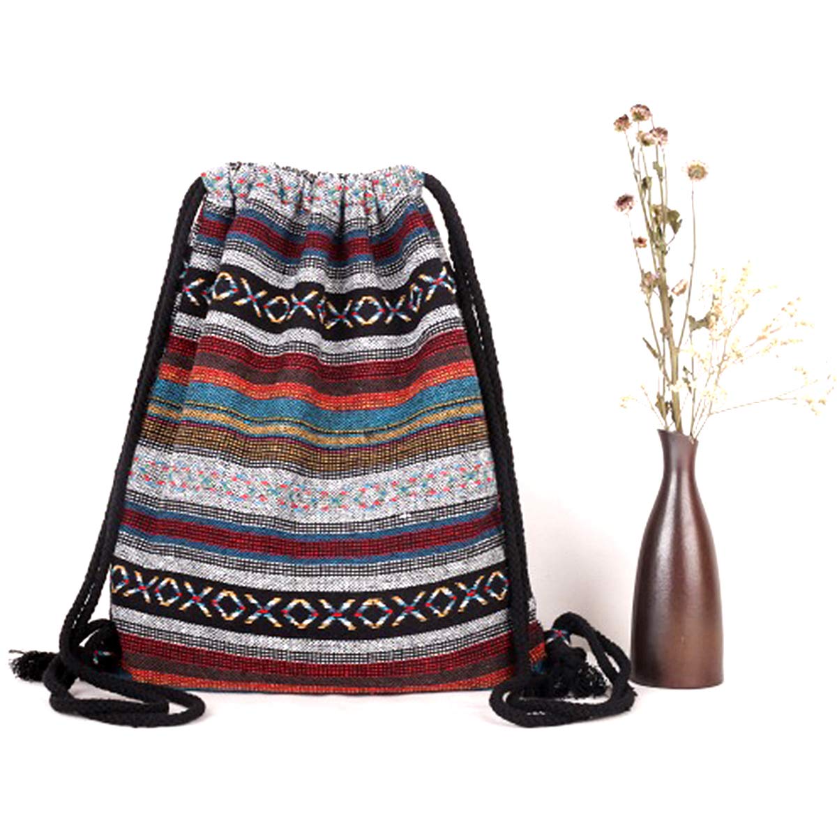 Monique Stripes Knit Drawstring Bag Sport Backpack Large Shoulders Bag Casual Daypack Purse Travel Tote Grey