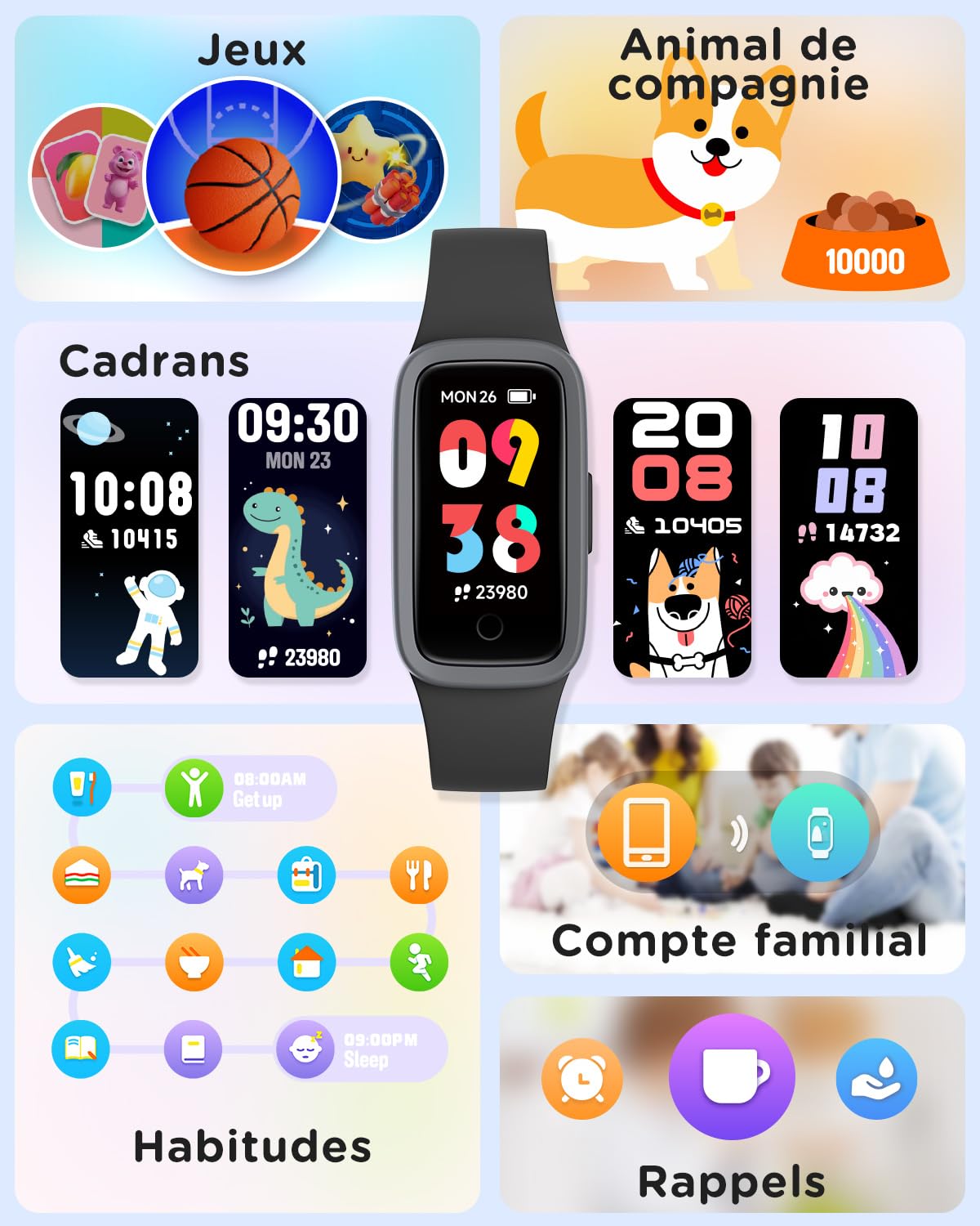 Montre Connectée Enfant Vigor 3, Écran AMOLED pour Garçons Filles 5-15 Ans | Étanche 3ATM, Sans App ni Smartphone, Podomètre, Alarme vibrante, Fréquence cardiaque, Moniteur de sommeil, 10 modes de sport