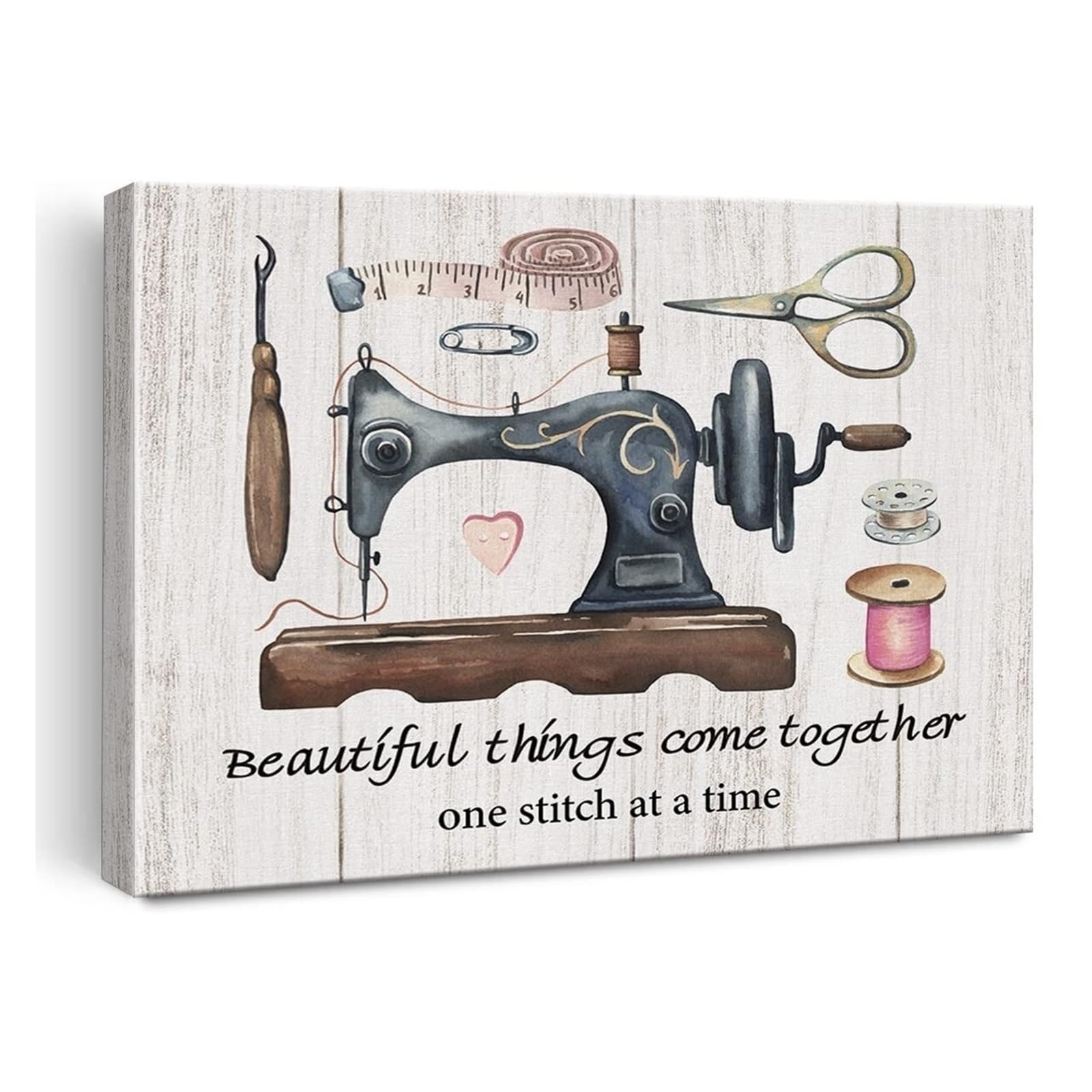 HGETJOHXEM Retro Sewing Poster, Featuring Machine Art and “Beautiful Things Come Together” Saying, Wall Decor for Sewing Enthusiasts and Quilters(Framed,08x12inch(20x30cm))