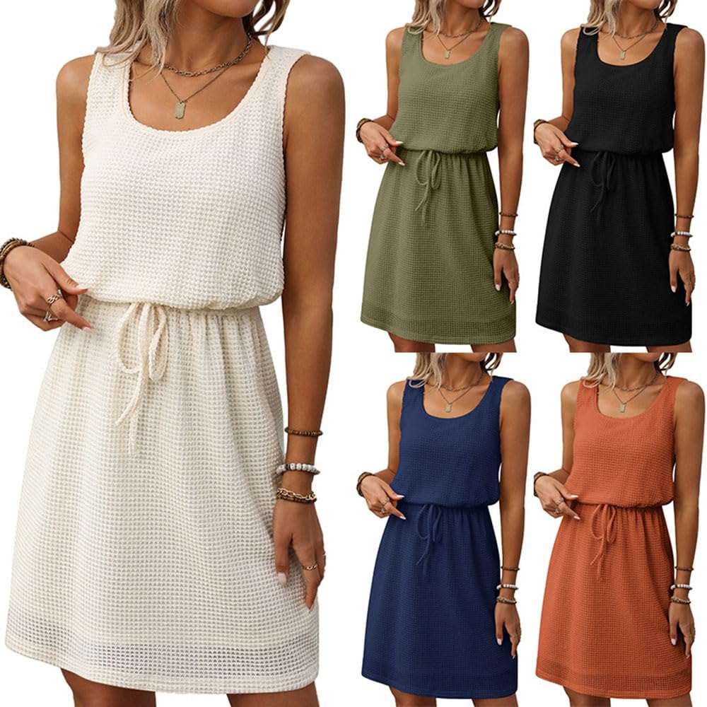 Abito Senza Maniche con Coulisse e Scollo Quadrato da Donna, Abiti Corti a Trapezio per Donna, Abiti Aderenti Senza Maniche a Vita Alta