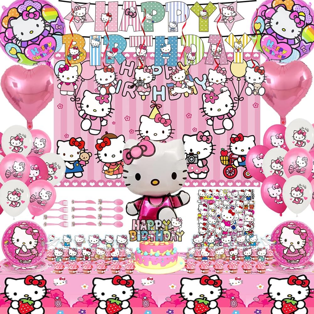 kitty Birthday party decorations,147pcs Cat Party Supplies.Include Birthday Banner, Backdrop, Hanging Swirls, Balloons, Cupcake Toppers, Tablecloth.