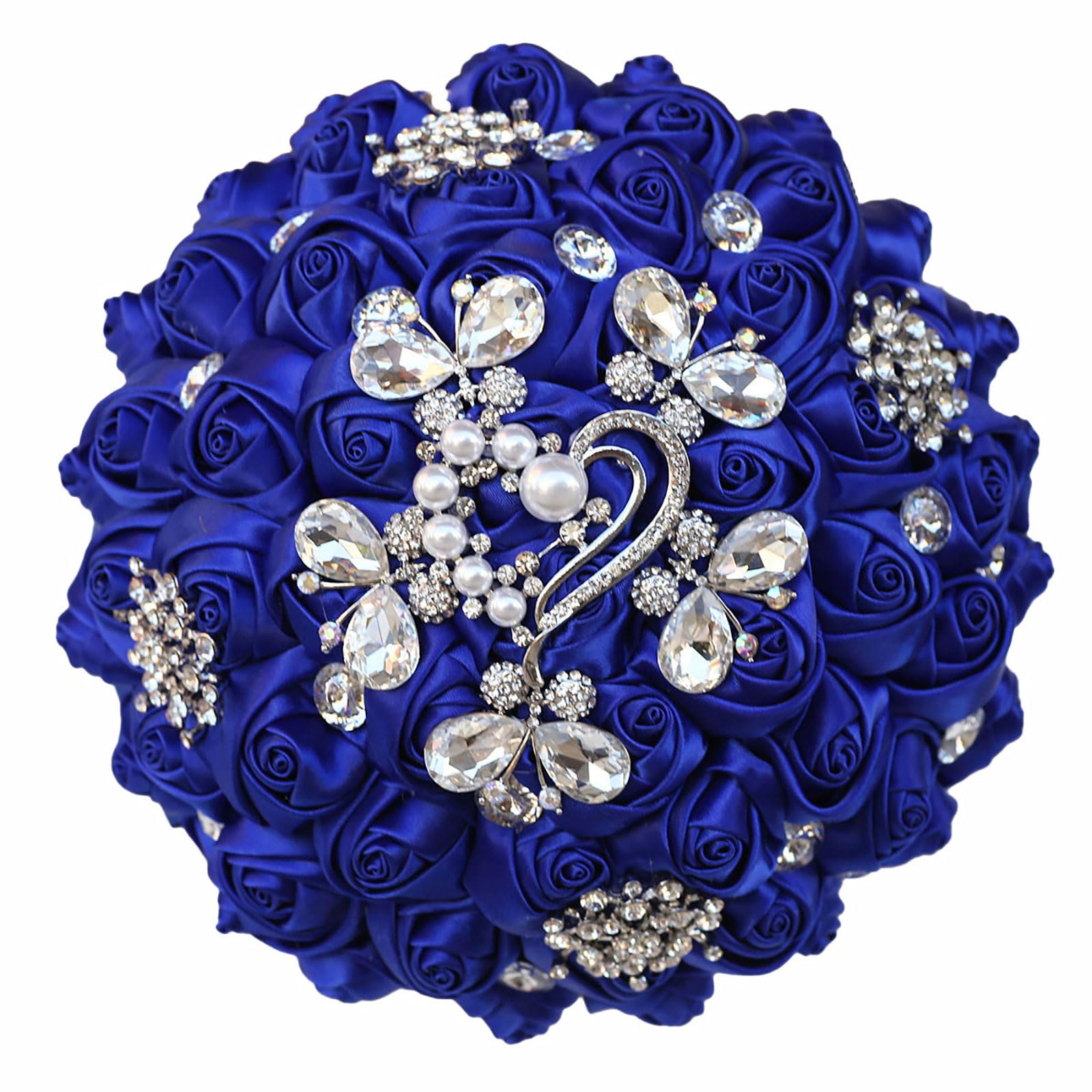 Cileruide Wedding Bouquet Royal Blue Satin Flower 7 Inch Bridal Holding Bridesmaid Button Brooch Silk Rose Bouquet for Indoor Outdoor Garden Church Wedding Bridal Shower Quinceanera (#295 Royal Blue)