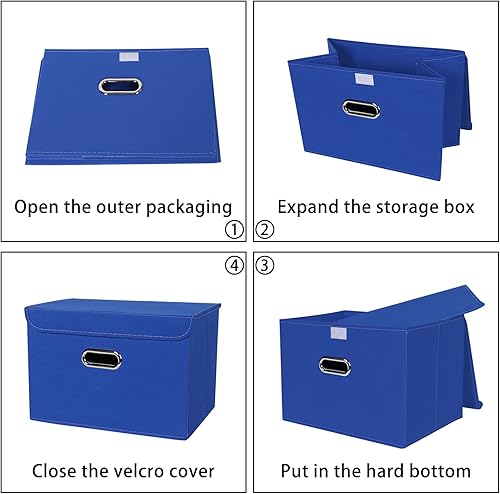 Miniatura 6 de SEVENDOME Cubo de almacenamiento plegable de tela de lino con tapa, asas de cuero, divisor extraíble para el hogar, armario, azul oscuro, 3 unidades