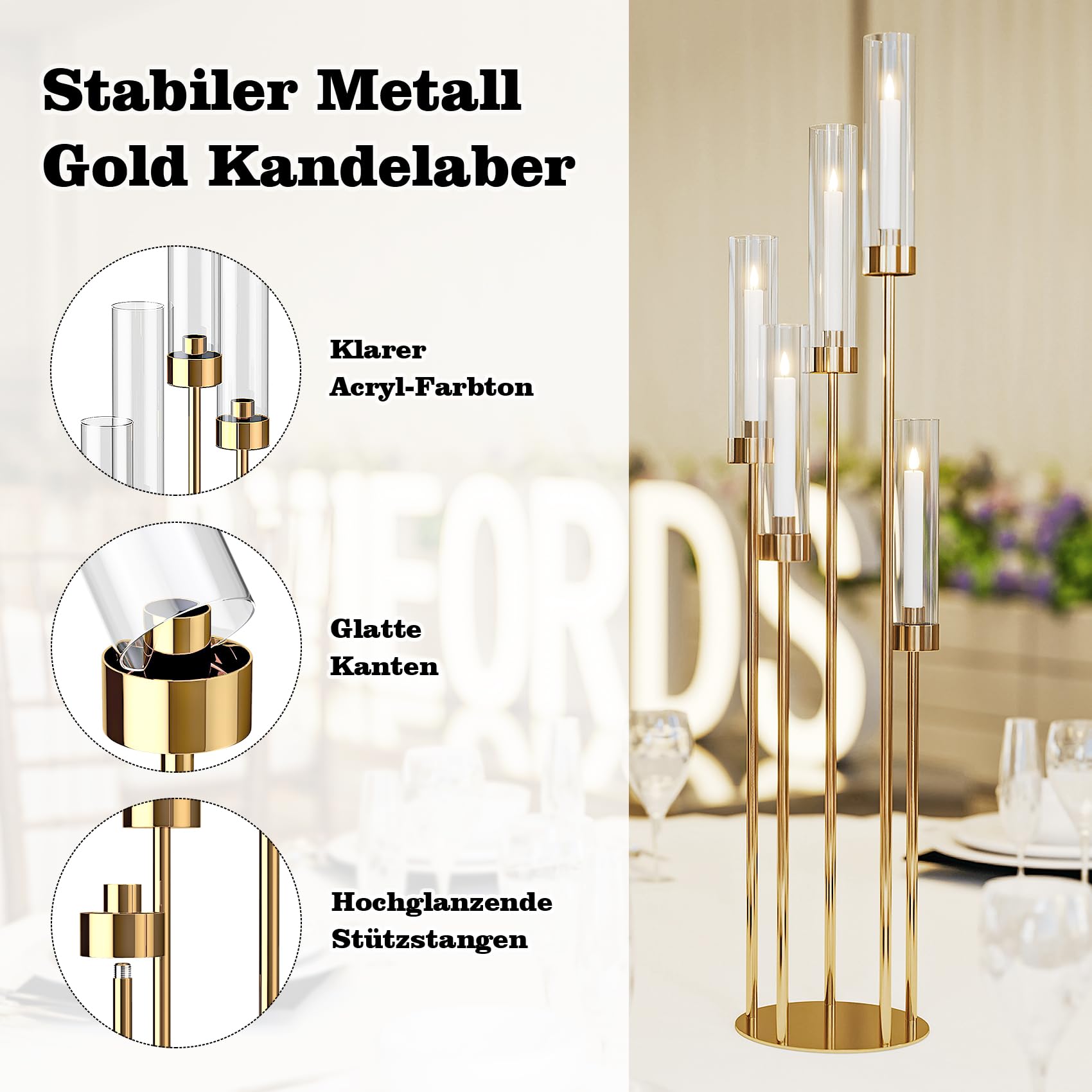 2er Set Kerzenständer 5 Arm für Hochzeitstisch,106cm Hohe Kerzenhalter mit Acryl Lampenschirm, Metall Gold Kerzenstöcke Halter für Party Home Dekoration Halloween Weihnachtstag