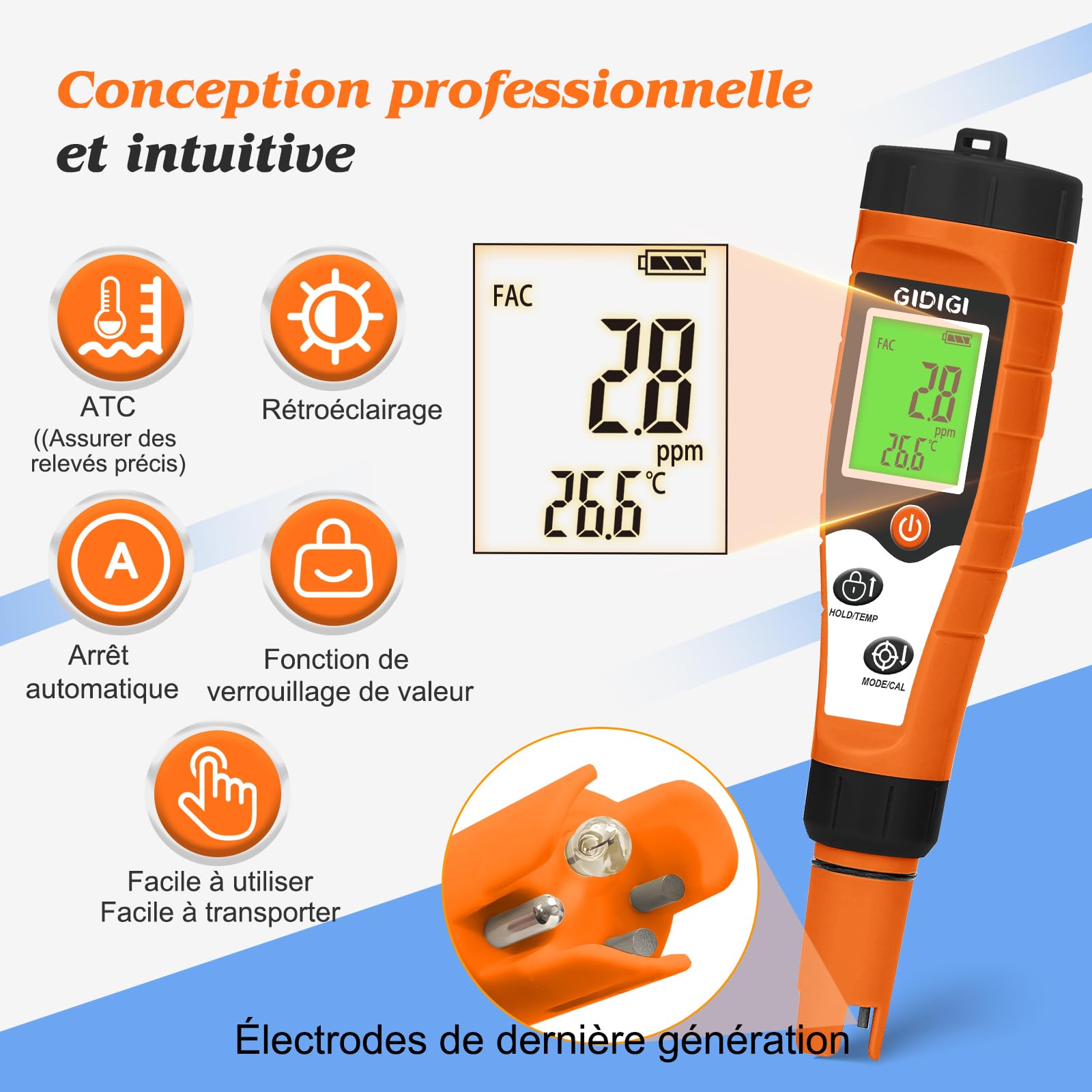Testeur de chlore et de pH pour piscine, testeur de sel pour piscine, testeur d'eau 7 en 1 avec fonctions pH, ORP, chlore, EC, TDS et température pour piscine, spa et Eau domestique