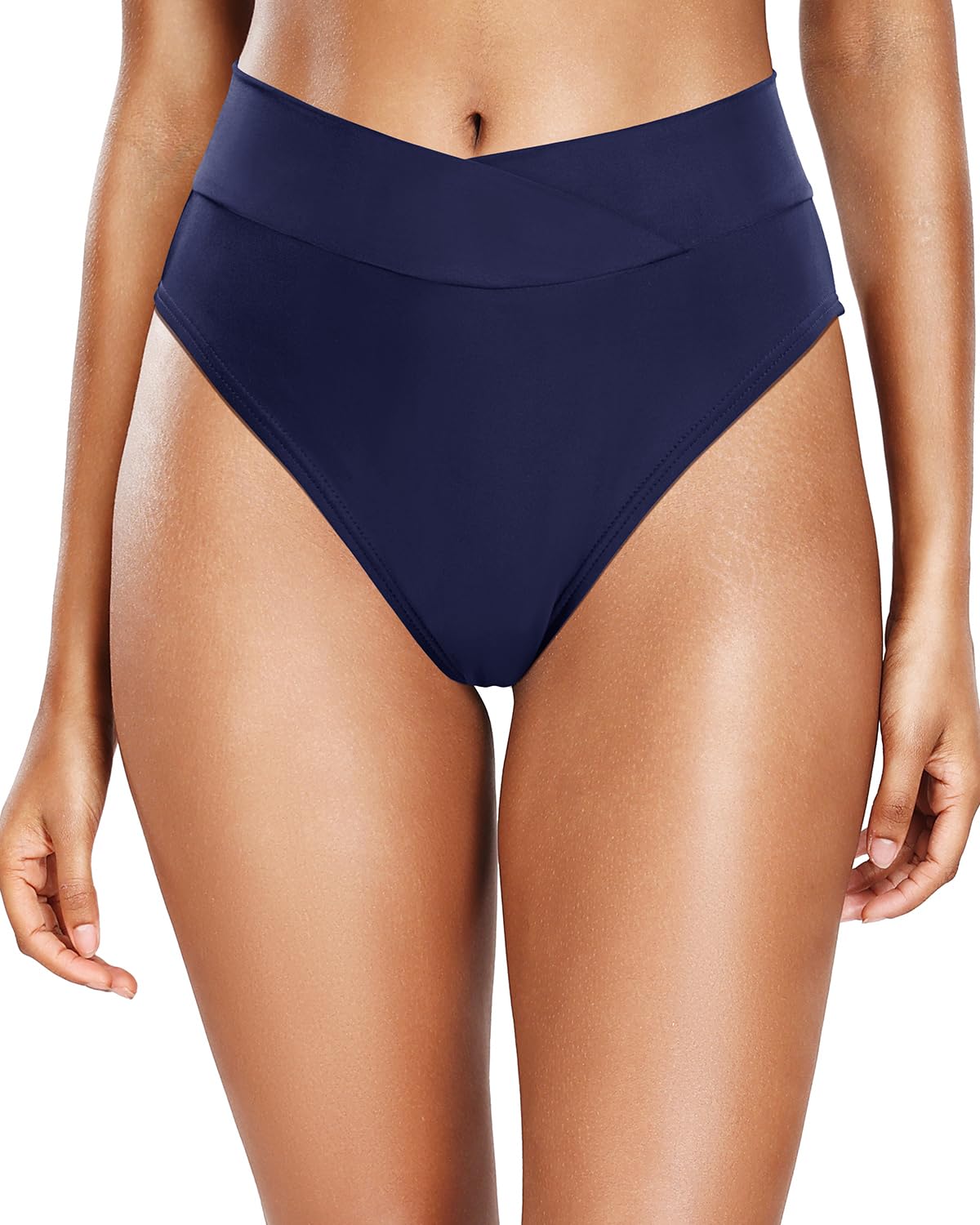 Photo 1 of Tempt Me Women Navy Blue High Waisted Bikini Bottom Crossover V Cut Bathing Suit Swim Bottom M