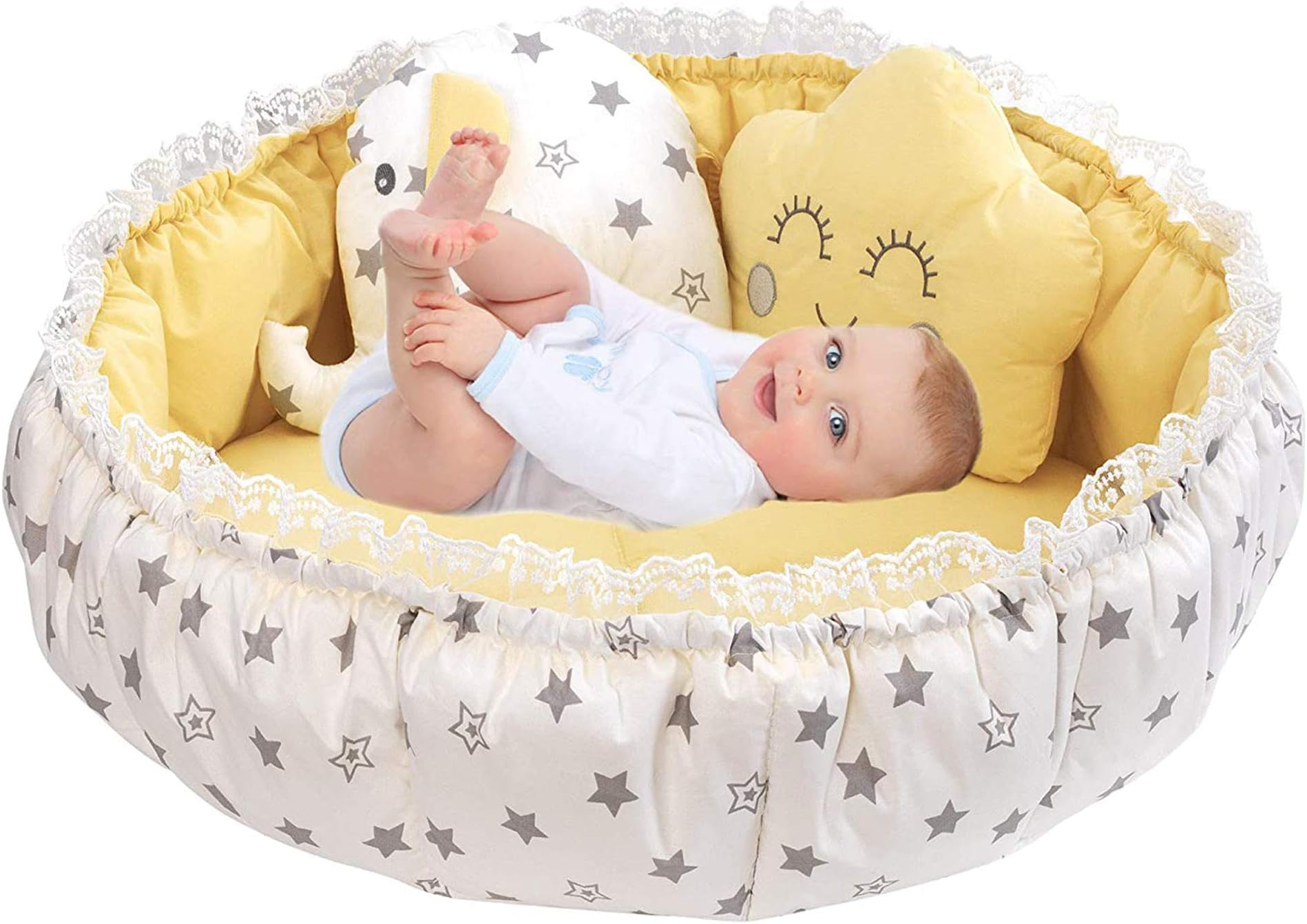 Baby Play Nest Sleeping Bed & Play Mat & Toy Bag | 100% Turkish Cotton | Multi-Functional & Adjustable | 3 Color Variations | 2 Decorative Pillows & Round Shape by QQ Baby