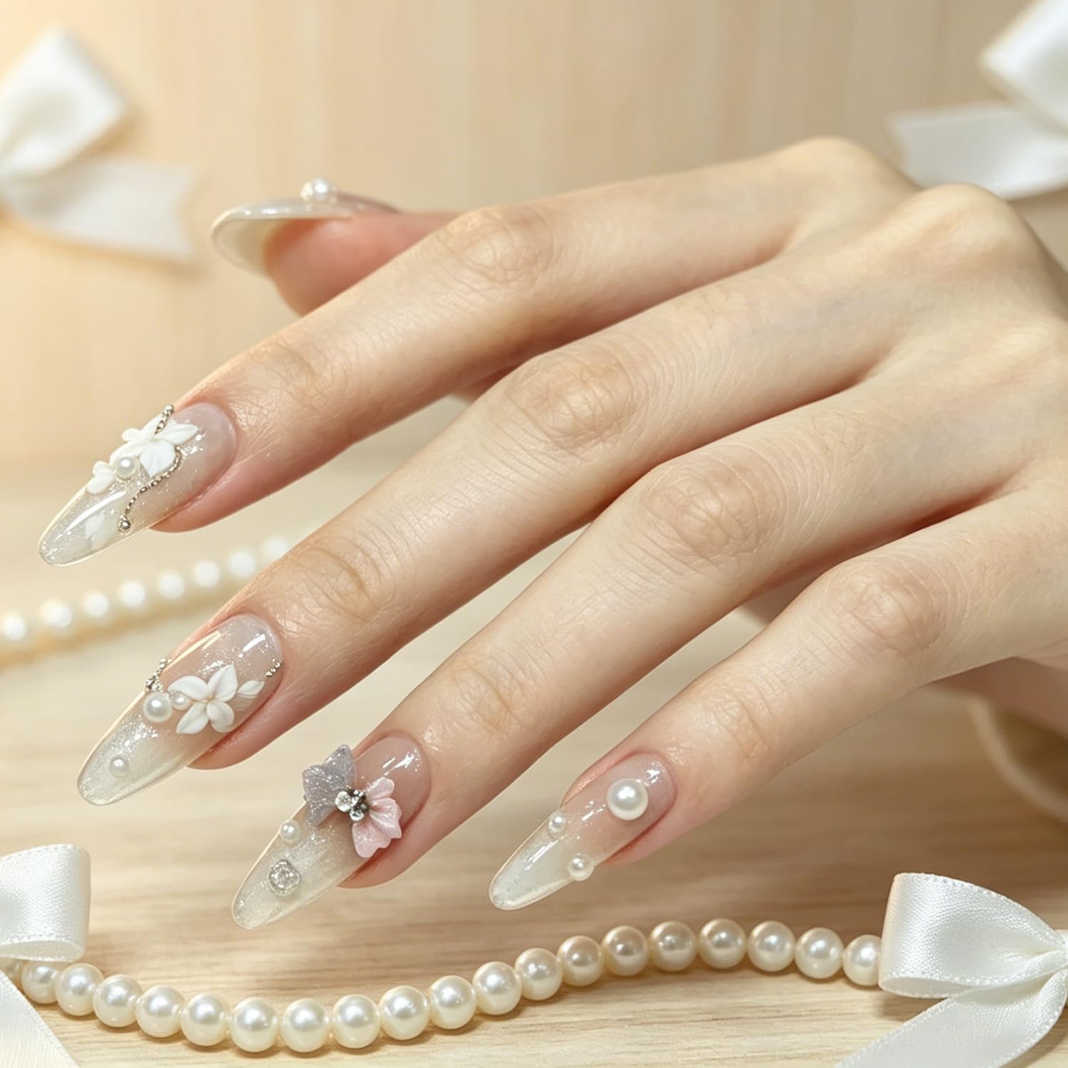 3D 240-piece White Pearl Nail Art Set, containing Round and Heart-Shaped Half-Pearls in Various Sizes, Suitable for DIY Nail Art, Bridal Manicures, Weddings and Nail Salons