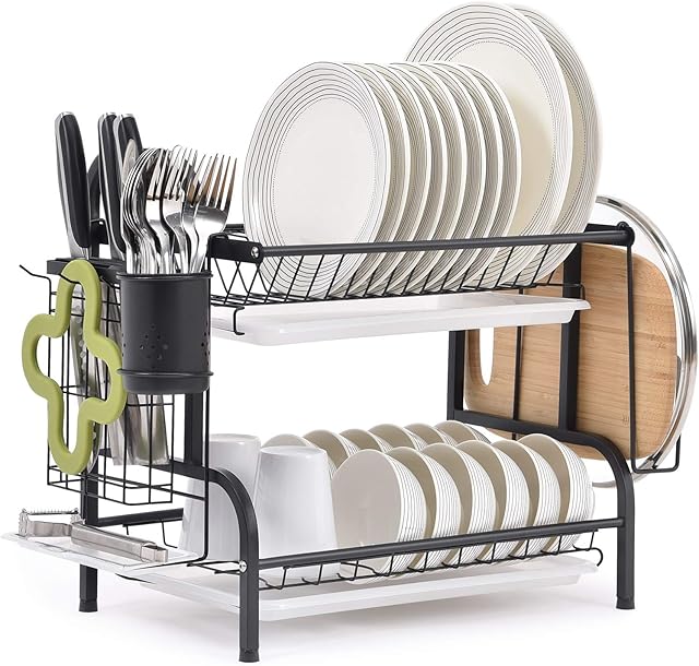 TOMORAL Dish Rack, 304 Stainless Steel 2 Tier Dish drying Rack with Drain Board, Utensil Holder, Cutting Board Holder, Rustproof Dish Drainer for Kitchen Countertop, (Black)
