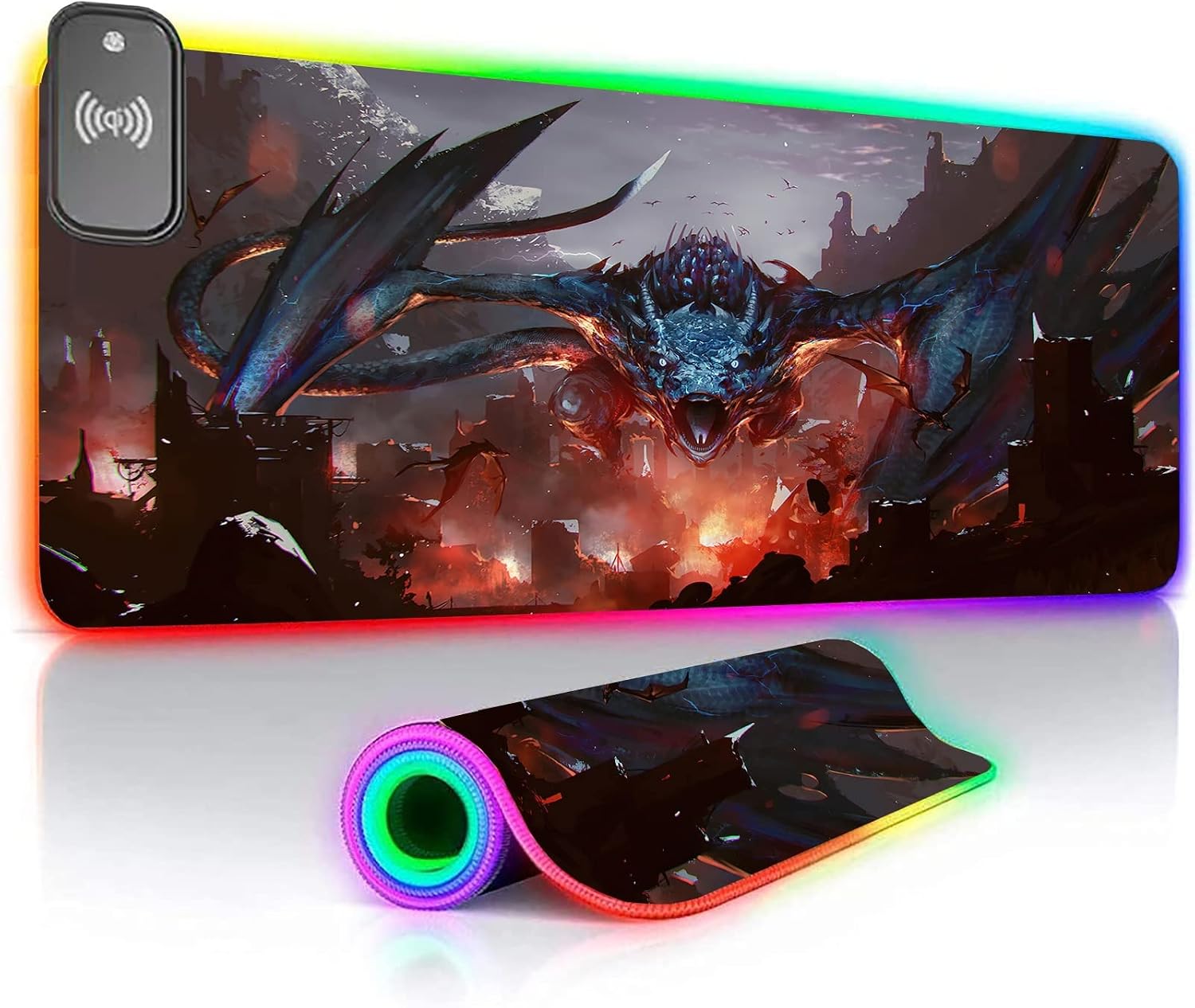 Gaming Mouse Pads Led Fantasy Dragon Mouse Pad Wireless Charging Large RGB Mouse Mat XL Gaming Accessories Extended Computer Desk Mat for Home Office 30X70Cm