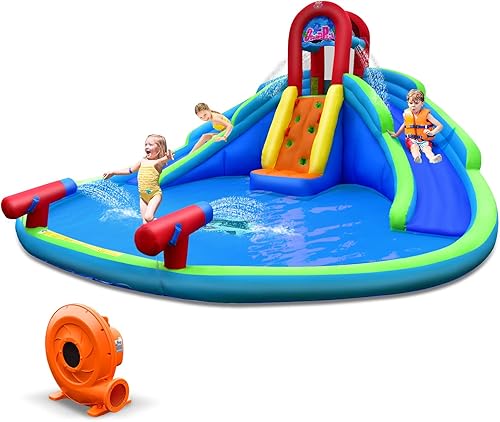 Miniatura 9 de HONEY JOY Toboganes acuáticos inflables, casa de rebote para niños con toboganes largos, pared de escalada y piscina de salpicaduras de lagre,