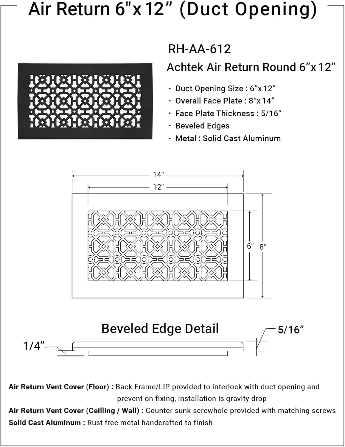 Achtek 6"x12" Duct (8"x14" Overall Size) Solid Cast Aluminum HVAC Air Return Grill Vent Cover | Powder Coated | for Wall-Black with Screw Holes