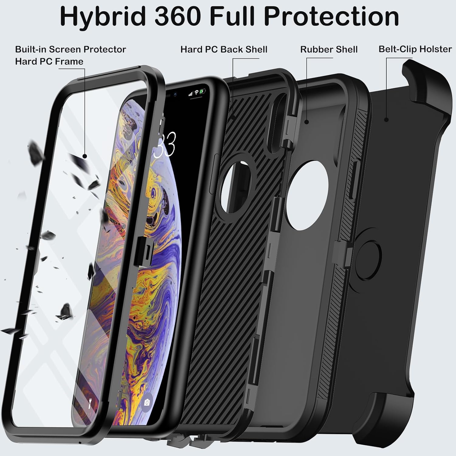for iPhone X Case with Built-in Screen Protector, iPhone Xs Case Belt Clip Holster,Heavy Duty Shockproof Drop Protection Military Grade Rugged Full Body Phone Cover with Kickstand (Black) - Image 3