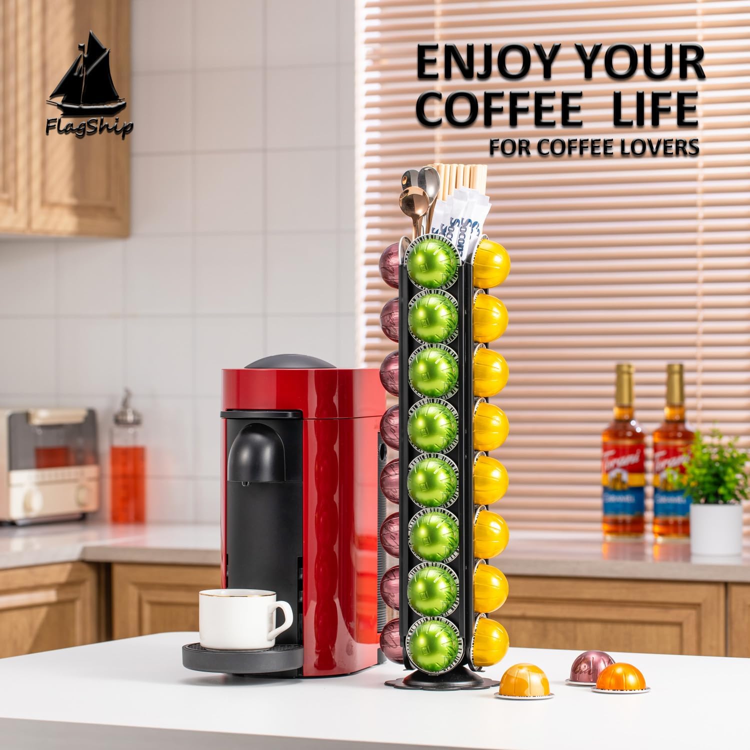 FlagShip Coffee Pod Organizer for Nespresso Vertuo Pods Storage,360 Degrees Revolving Pod Carousel No Assembly Required,Vertuo Pod Stand Black Metal(32 Pods Capacity)