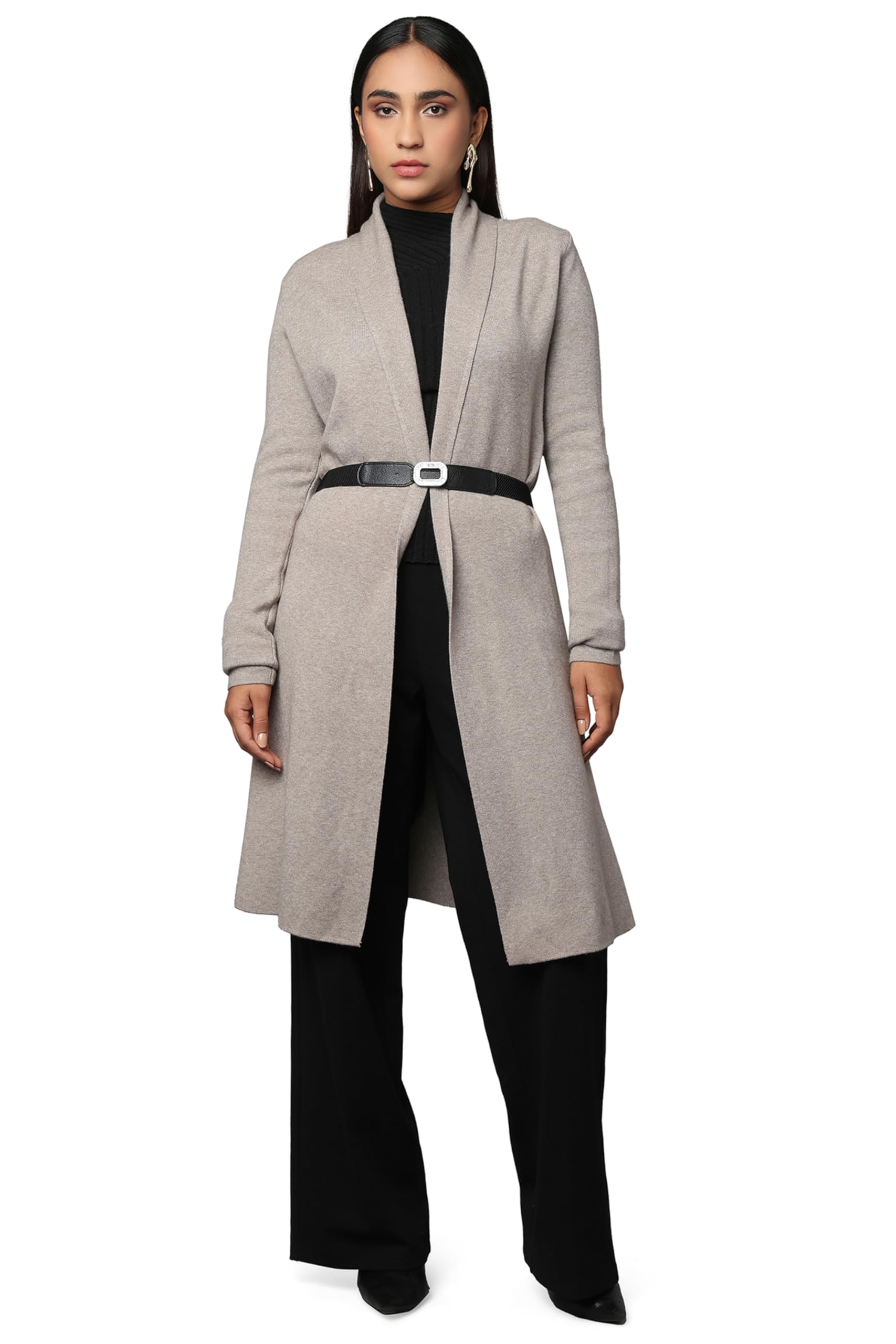 Women’s Viscose Blend Longline Belted Sweater, Stylish High-Neck Open Front Winterwear-image-8