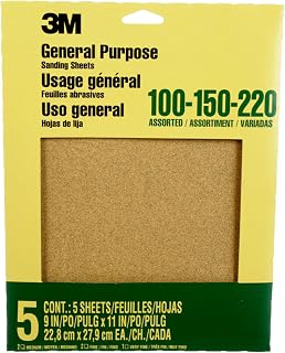 3M Aluminum Oxide Sandpaper 5 Sheets Assorted Grit 100-150-220 9x11in - Durable Multi-Purpose for Wood Paint Metal Sanding (9005NA)