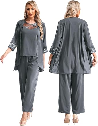 Womens Chiffon Lace Wedding Guest Outfits 3 Pieces Plus Size Mother of The Bride Trouser Suits