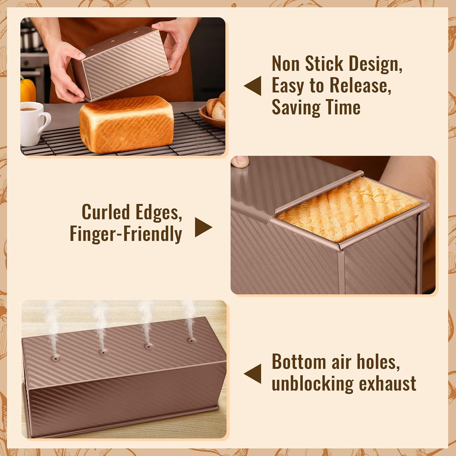 3 Pack Pullman Loaf Pans with Lids, 2.2LB 1LB 0.5LB Bread Pans, Non-stick Carbon Steel Bread Pans for Homemade Sandwich and Baking Sourdough Bread, Corrugated Toast Mold, Golden - Image 4