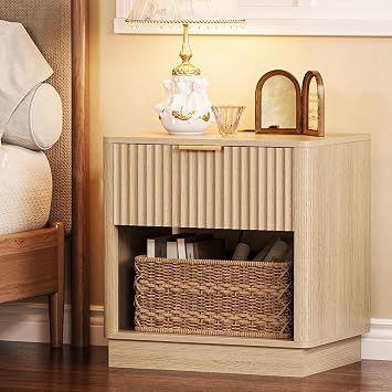 Trironsun Fluted Nightstand with Charging Station Modern Bedside Table with Drawer and Open Shelf Mid Century End Table with Storage for Bedroom Living Room Sofa Office